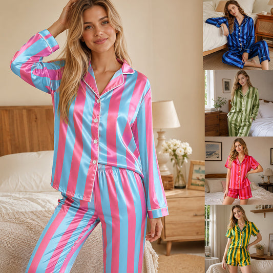 PJ-165-Unisex Satin Pajama Set with Colorful Striped Print Button Down Sleepwear Shirt and Bottoms