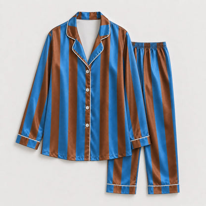 PJ-165-Unisex Satin Pajama Set with Colorful Striped Print Button Down Sleepwear Shirt and Bottoms