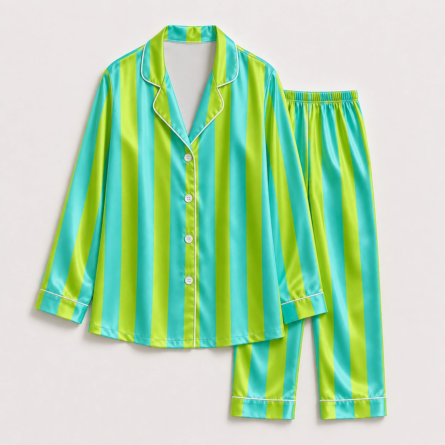 PJ-165-Unisex Satin Pajama Set with Colorful Striped Print Button Down Sleepwear Shirt and Bottoms