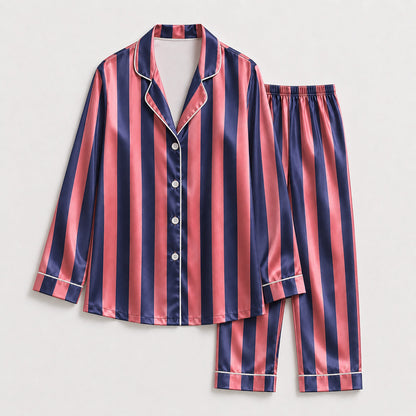 PJ-165-Unisex Satin Pajama Set with Colorful Striped Print Button Down Sleepwear Shirt and Bottoms