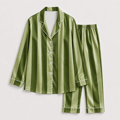 PJ-165-Unisex Satin Pajama Set with Colorful Striped Print Button Down Sleepwear Shirt and Bottoms