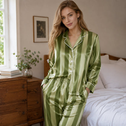 PJ-165-Unisex Satin Pajama Set with Colorful Striped Print Button Down Sleepwear Shirt and Bottoms