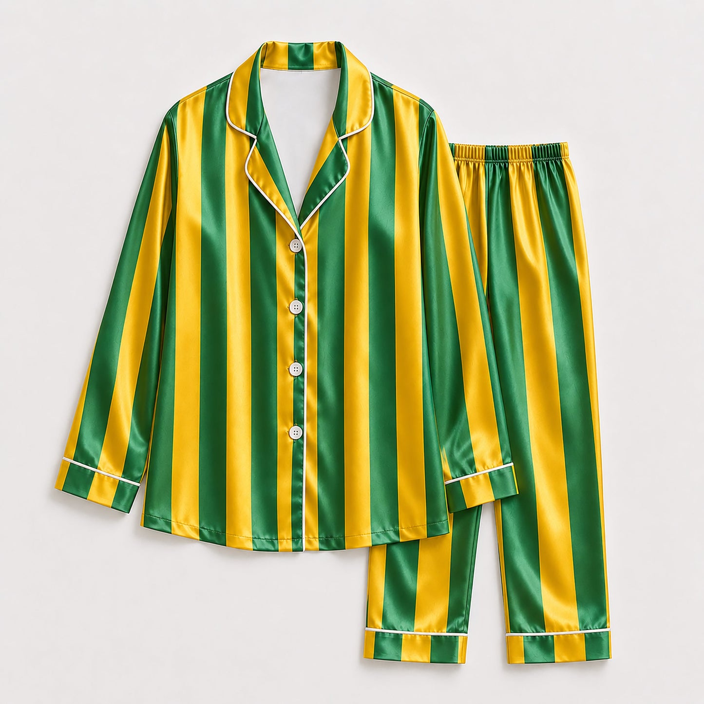 PJ-165-Unisex Satin Pajama Set with Colorful Striped Print Button Down Sleepwear Shirt and Bottoms