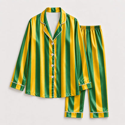 PJ-165-Unisex Satin Pajama Set with Colorful Striped Print Button Down Sleepwear Shirt and Bottoms