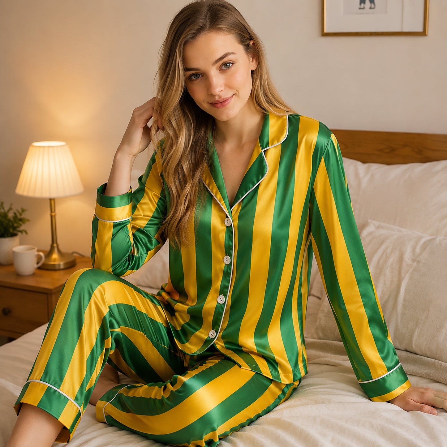 PJ-165-Unisex Satin Pajama Set with Colorful Striped Print Button Down Sleepwear Shirt and Bottoms