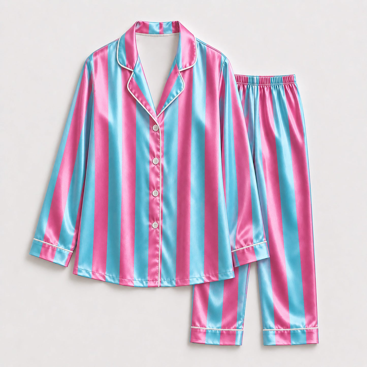 PJ-165-Unisex Satin Pajama Set with Colorful Striped Print Button Down Sleepwear Shirt and Bottoms