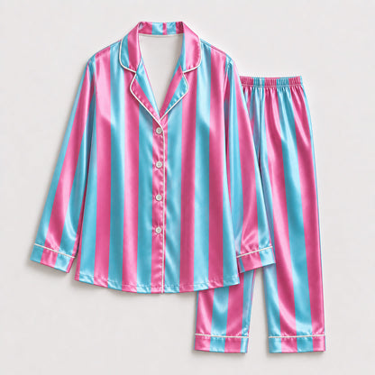 PJ-165-Unisex Satin Pajama Set with Colorful Striped Print Button Down Sleepwear Shirt and Bottoms