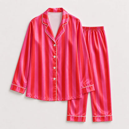 PJ-165-Unisex Satin Pajama Set with Colorful Striped Print Button Down Sleepwear Shirt and Bottoms