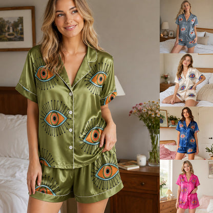 PJ-166-Unisex Satin Pajama Set with Evil Eye Boho Print Button Down Sleepwear Shirt and Bottoms