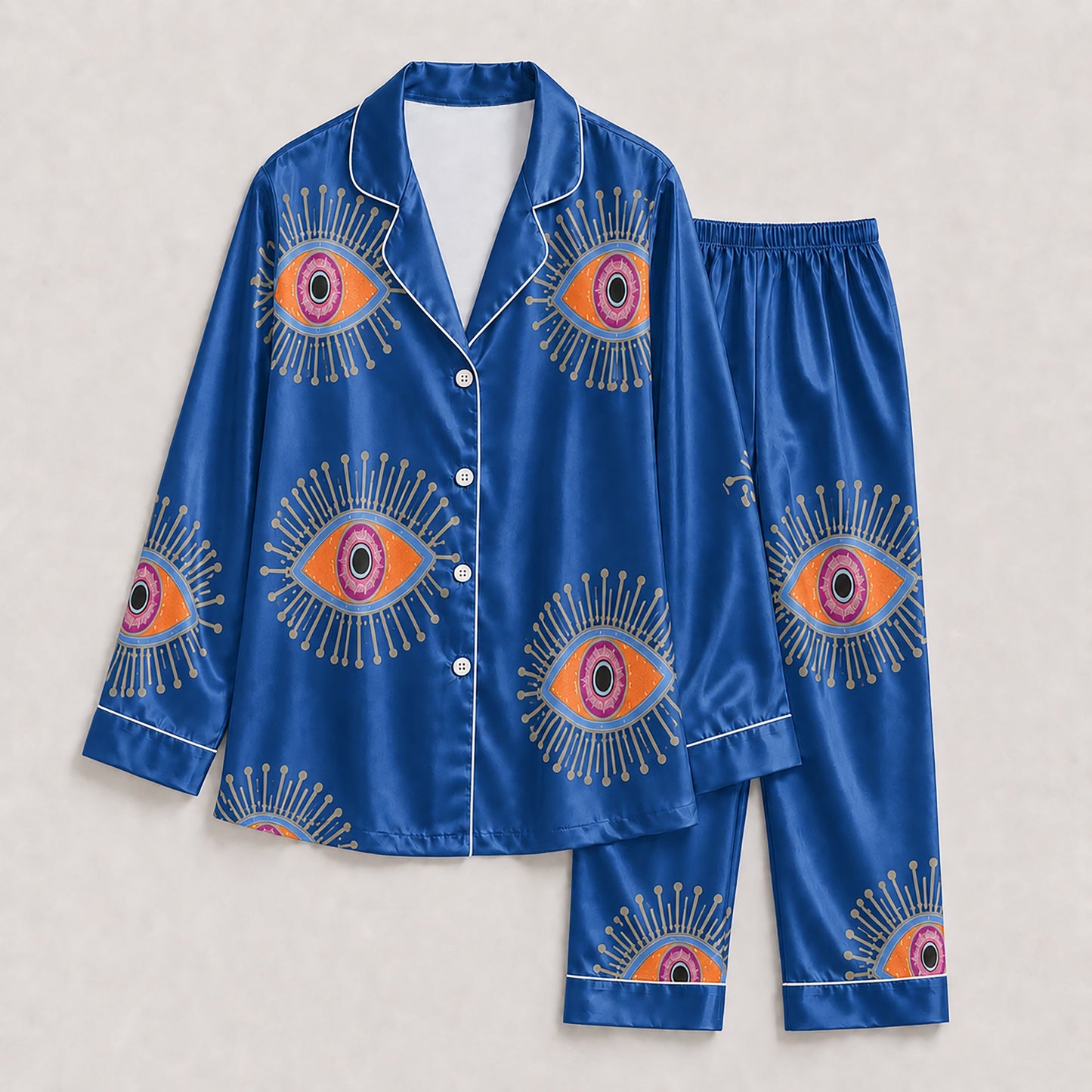 PJ-166-Unisex Satin Pajama Set with Evil Eye Boho Print Button Down Sleepwear Shirt and Bottoms