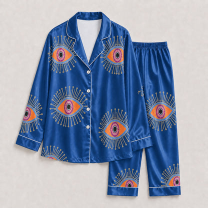 PJ-166-Unisex Satin Pajama Set with Evil Eye Boho Print Button Down Sleepwear Shirt and Bottoms