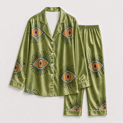 PJ-166-Unisex Satin Pajama Set with Evil Eye Boho Print Button Down Sleepwear Shirt and Bottoms