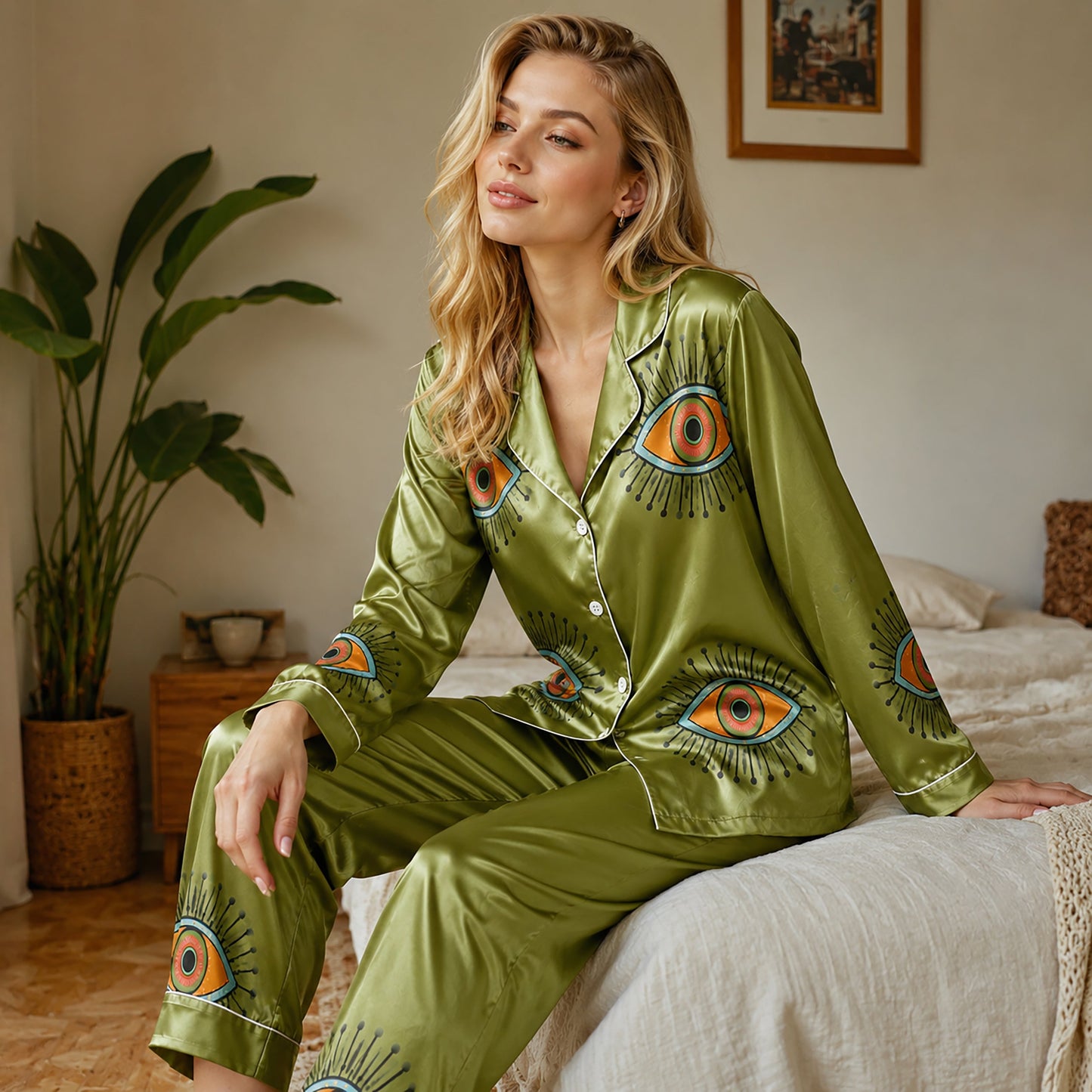 PJ-166-Unisex Satin Pajama Set with Evil Eye Boho Print Button Down Sleepwear Shirt and Bottoms