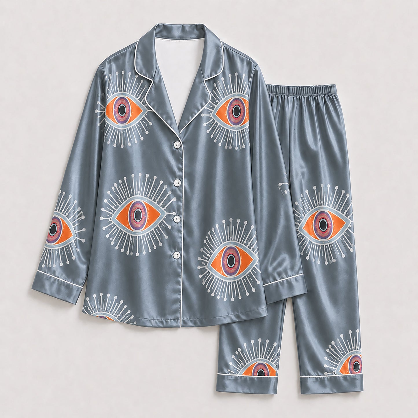 PJ-166-Unisex Satin Pajama Set with Evil Eye Boho Print Button Down Sleepwear Shirt and Bottoms