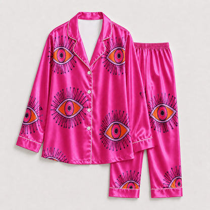 PJ-166-Unisex Satin Pajama Set with Evil Eye Boho Print Button Down Sleepwear Shirt and Bottoms