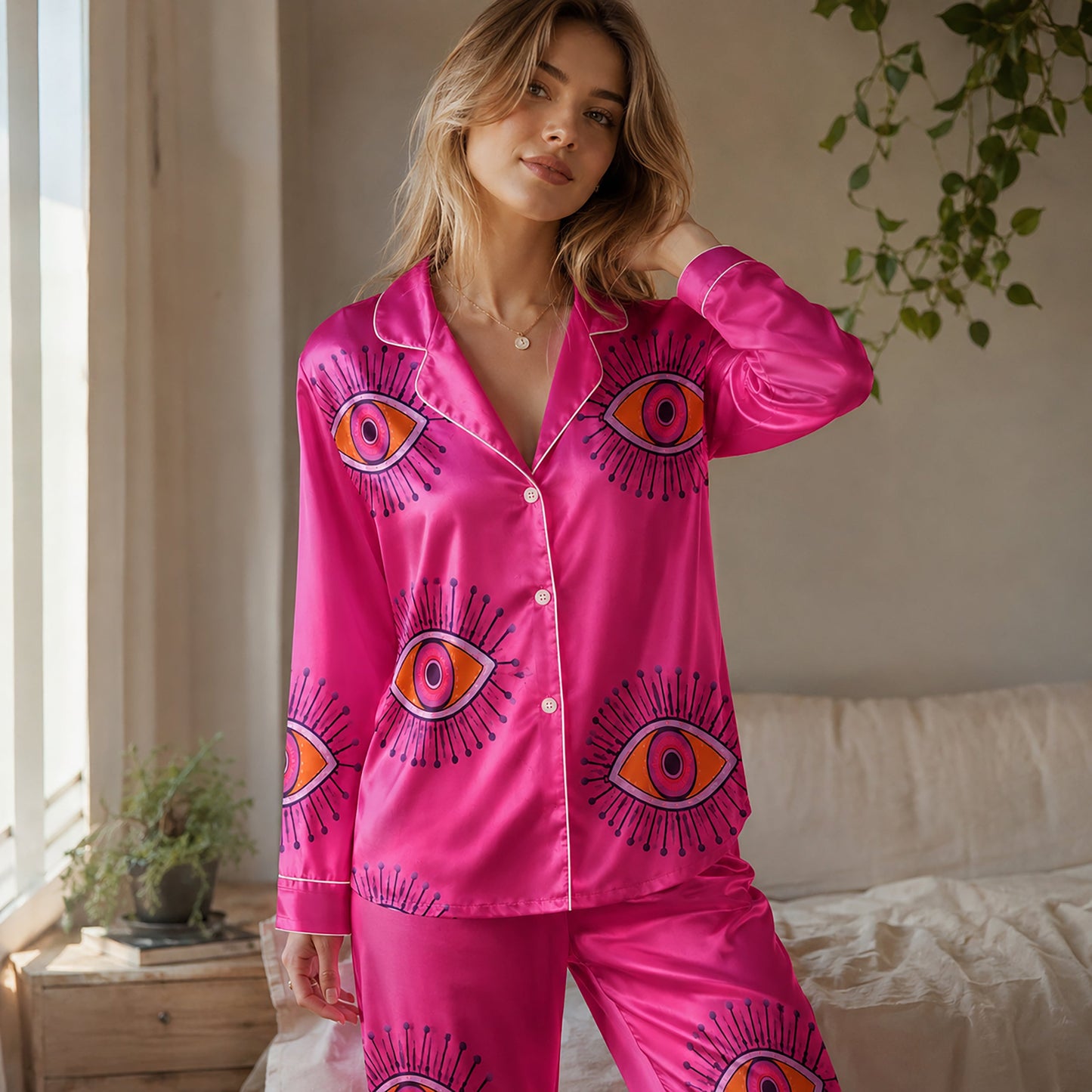 PJ-166-Unisex Satin Pajama Set with Evil Eye Boho Print Button Down Sleepwear Shirt and Bottoms