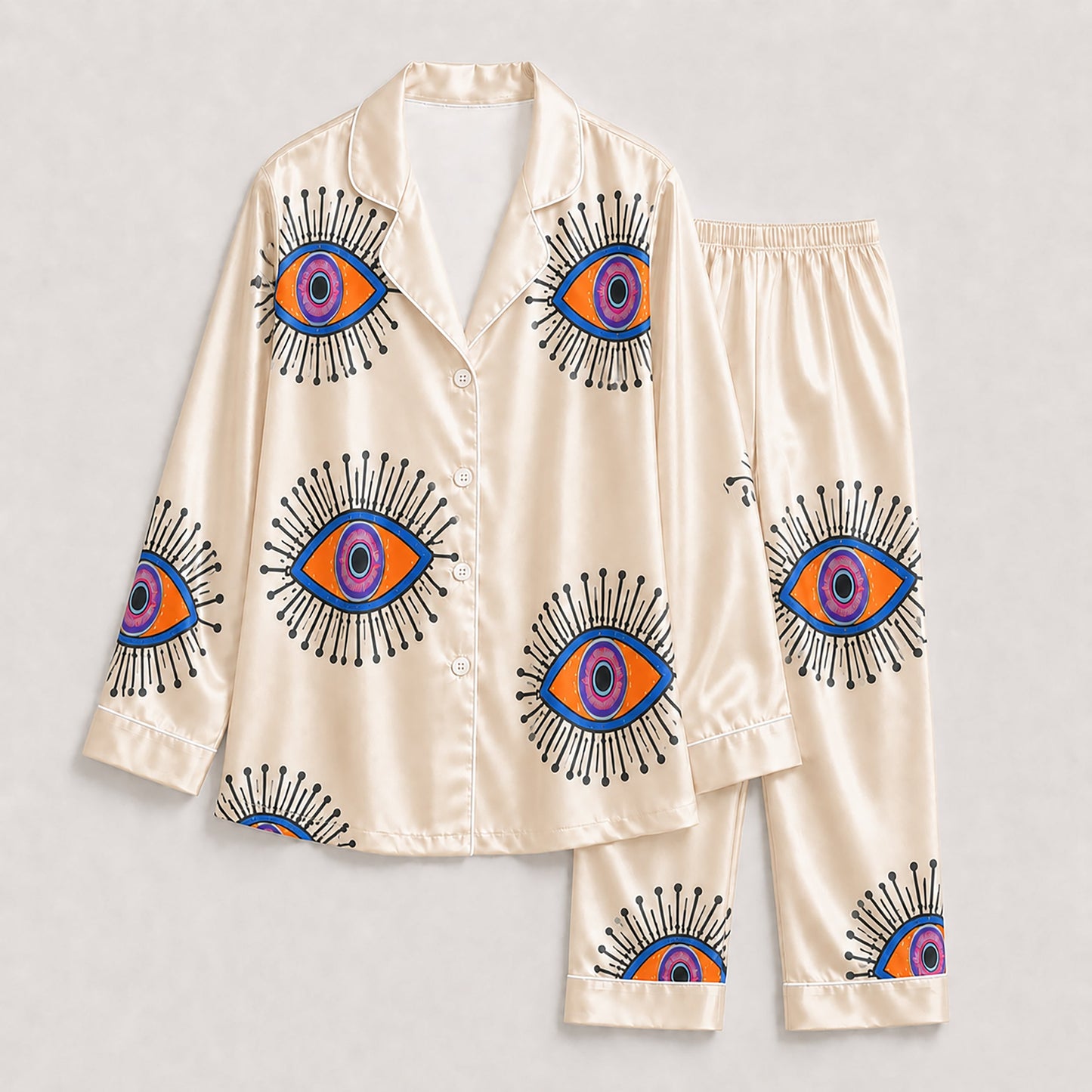 PJ-166-Unisex Satin Pajama Set with Evil Eye Boho Print Button Down Sleepwear Shirt and Bottoms