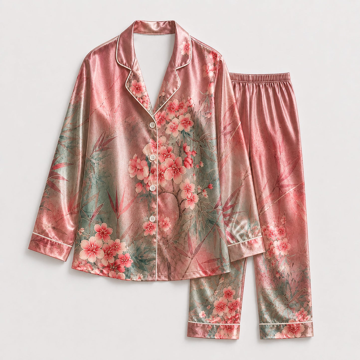 PJ-169-Satin Ombre Rose Cherry Blossom White Piping Button Up Pajama Set
