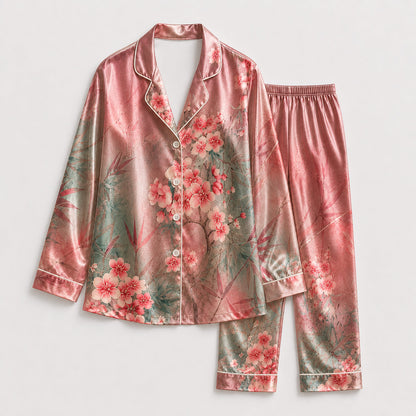 PJ-169-Satin Ombre Rose Cherry Blossom White Piping Button Up Pajama Set