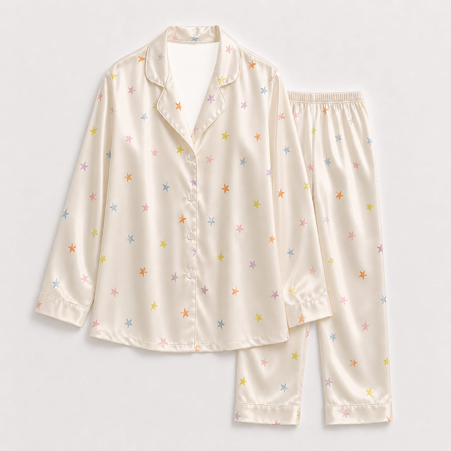 PJ-170-Satin Ivory Pastel Star Classic Piping Button Up Pajama Set