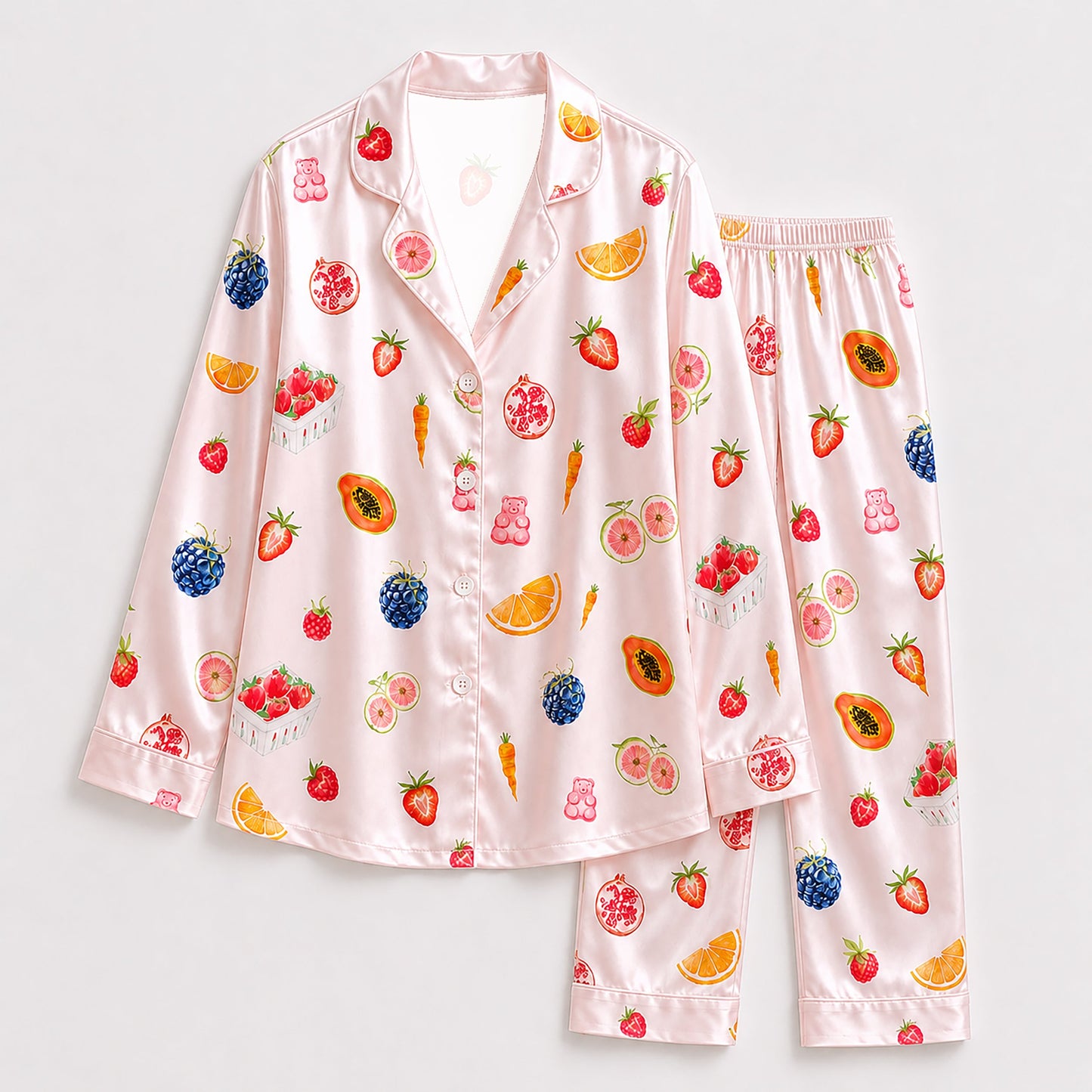 PJ-171-Satin Blush Pink Tutti Frutti Classic Piping Button Up Pajama Set