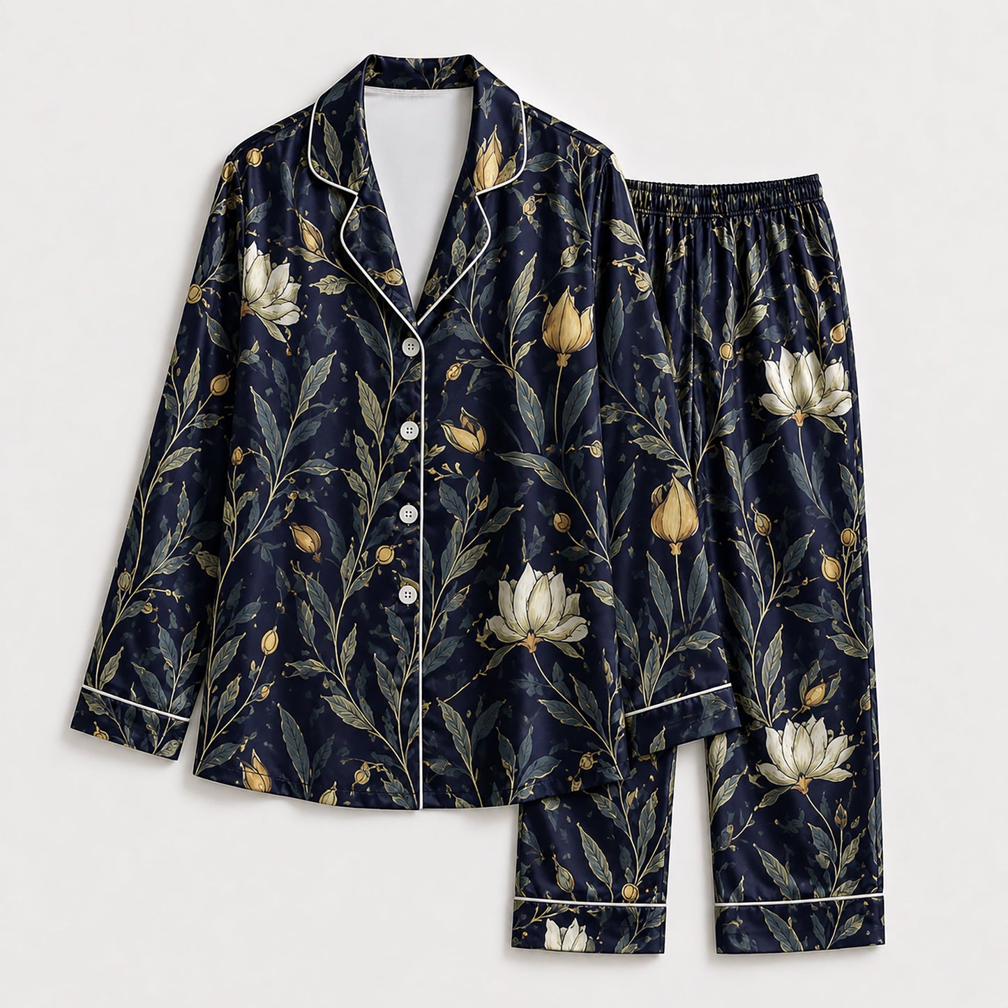 PJ-172-Satin Midnight Navy Botanical White Piping Button Up Pajama Set