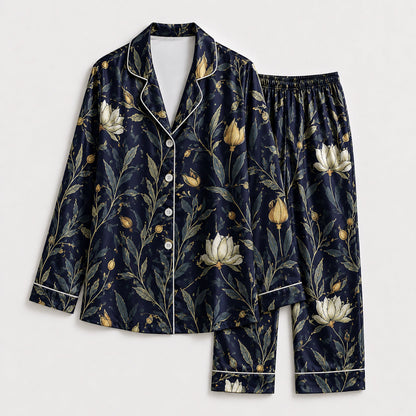 PJ-172-Satin Midnight Navy Botanical White Piping Button Up Pajama Set