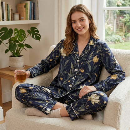 PJ-172-Satin Midnight Navy Botanical White Piping Button Up Pajama Set