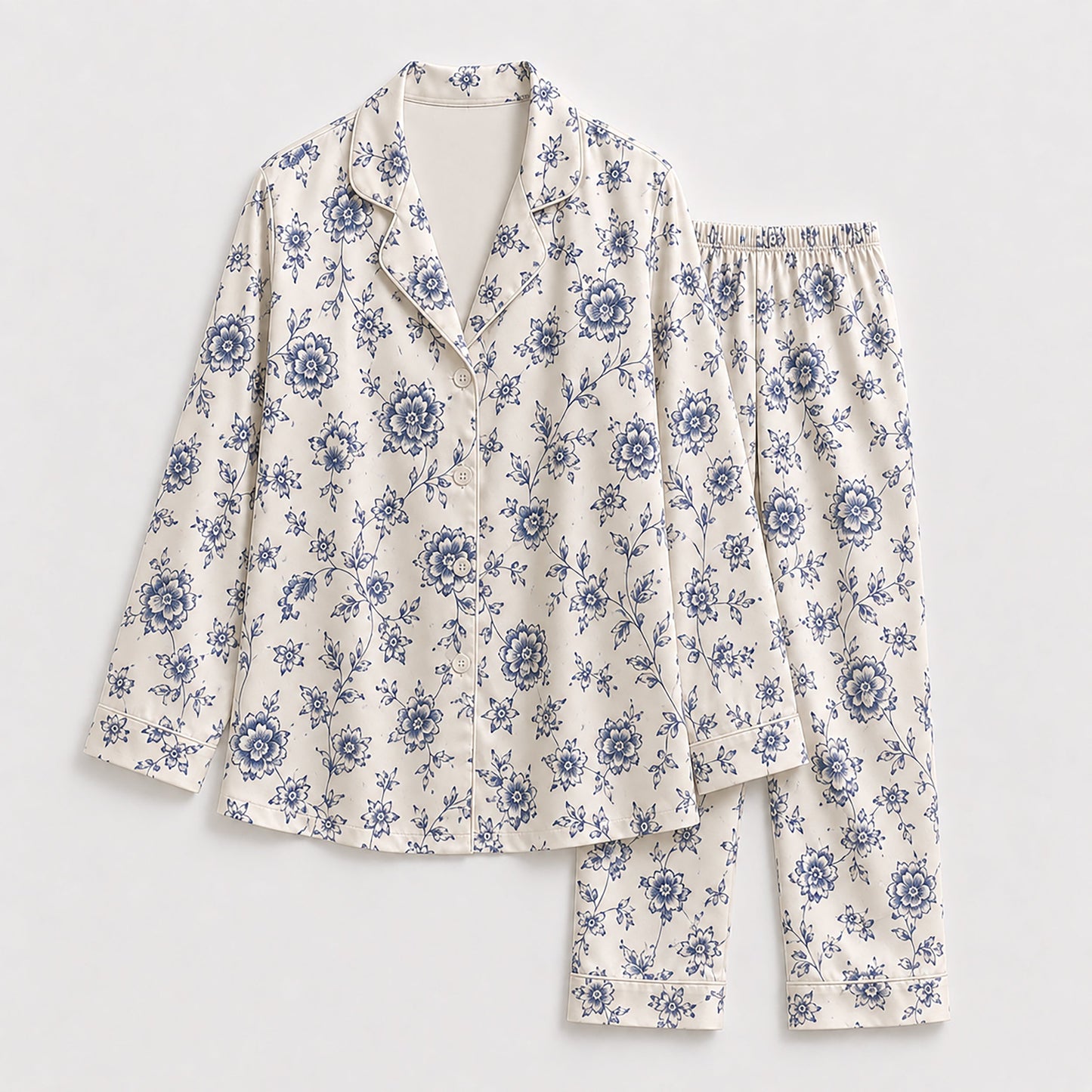 PJ-173-Satin Ivory Blue Porcelain Floral Classic Piping Button Up Pajama Set