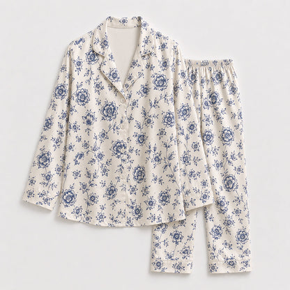PJ-173-Satin Ivory Blue Porcelain Floral Classic Piping Button Up Pajama Set