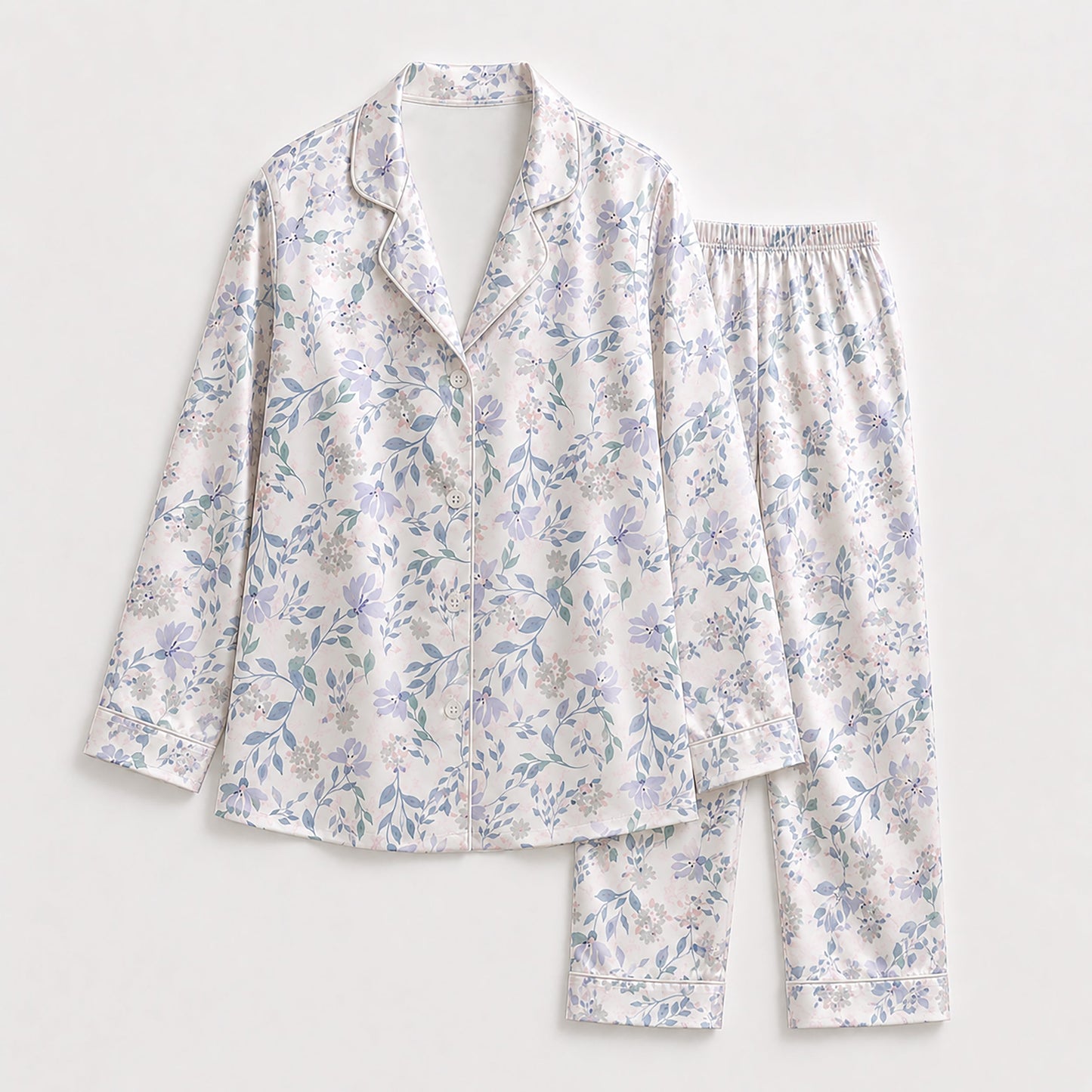 PJ-174-Satin White Pastel Lilac Floral Classic Piping Button Up Pajama Set