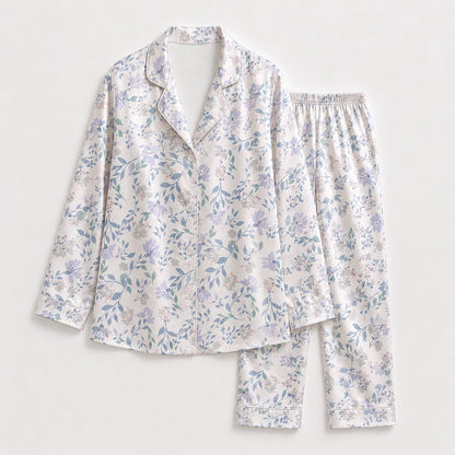 PJ-174-Satin White Pastel Lilac Floral Classic Piping Button Up Pajama Set