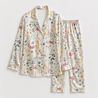 PJ-175-Pastel Floral Satin Pajama Set With Button Up Shirt And Soft Matching Bottoms