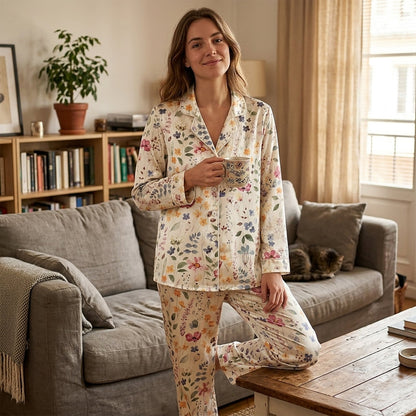 PJ-175-Pastel Floral Satin Pajama Set With Button Up Shirt And Soft Matching Bottoms