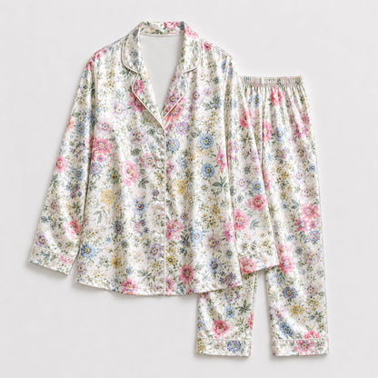 PJ-176-Garden Floral Satin Pajama Set With Button Up Top And Soft Matching Sleepwear Bottoms