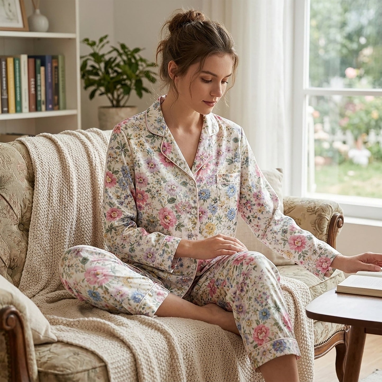 PJ-176-Garden Floral Satin Pajama Set With Button Up Top And Soft Matching Sleepwear Bottoms