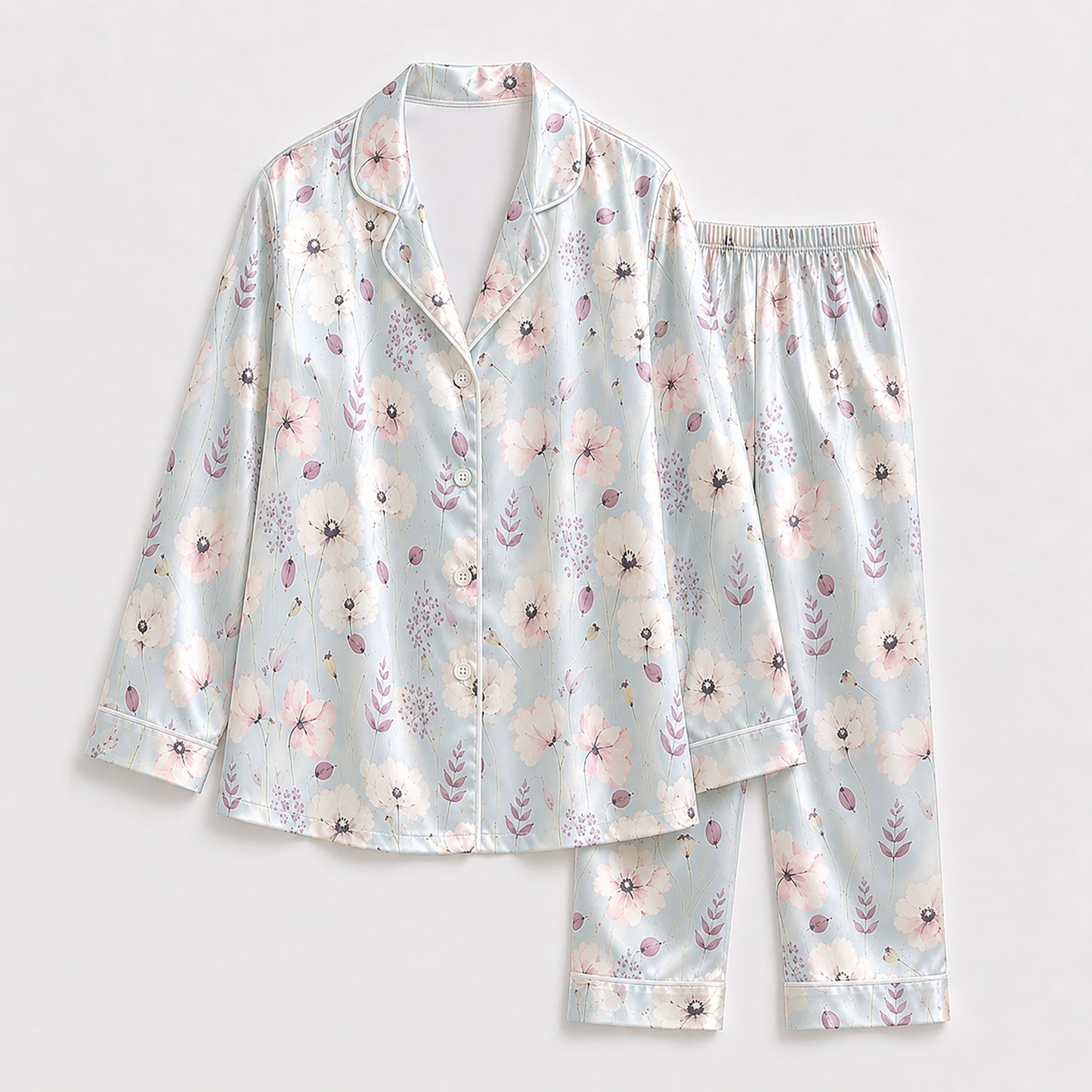 PJ-177-Pastel Blue Flower Satin Sleepwear Set With Botanical Print And Comfortable Matching Pajama Bottoms