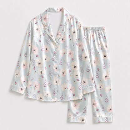 PJ-177-Pastel Blue Flower Satin Sleepwear Set With Botanical Print And Comfortable Matching Pajama Bottoms