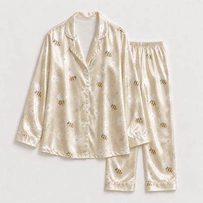 PJ-179-Honeybee Daisy Satin Pajama Set With Button Up Top And Soft Matching Sleepwear Bottoms