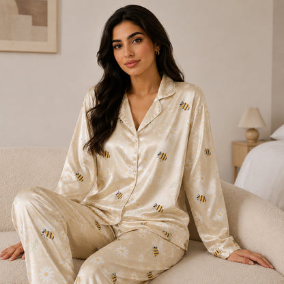 PJ-179-Honeybee Daisy Satin Pajama Set With Button Up Top And Soft Matching Sleepwear Bottoms