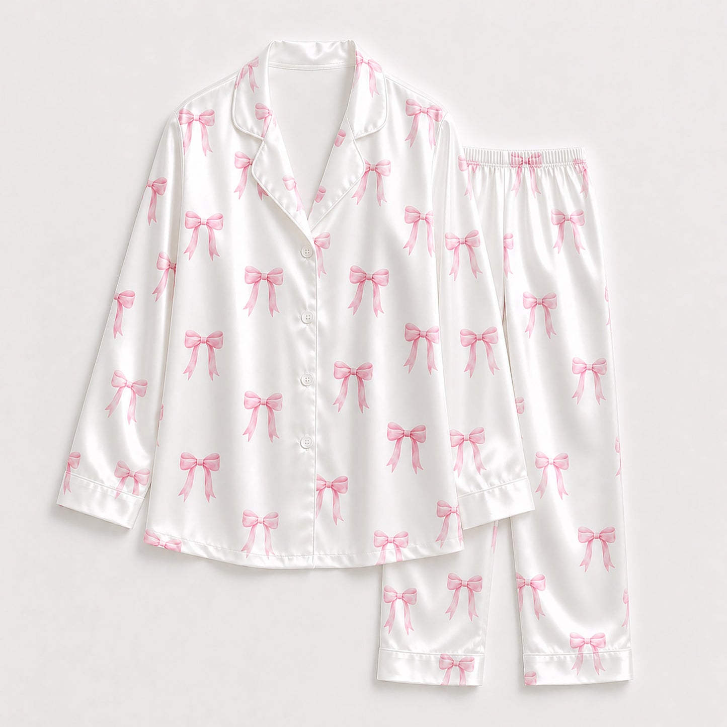 PJ-180-Satin White Pink Coquette Bow Classic Piping Button Up Pajama Set