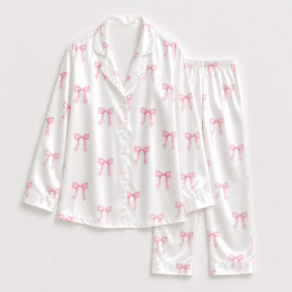 PJ-180-Satin White Pink Coquette Bow Classic Piping Button Up Pajama Set