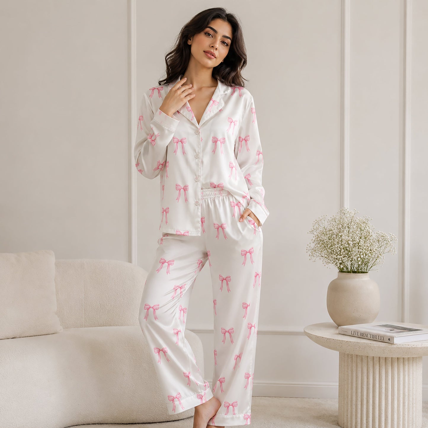 PJ-180-Satin White Pink Coquette Bow Classic Piping Button Up Pajama Set