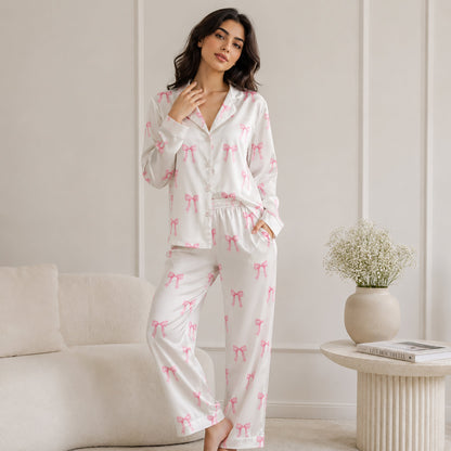 PJ-180-Satin White Pink Coquette Bow Classic Piping Button Up Pajama Set