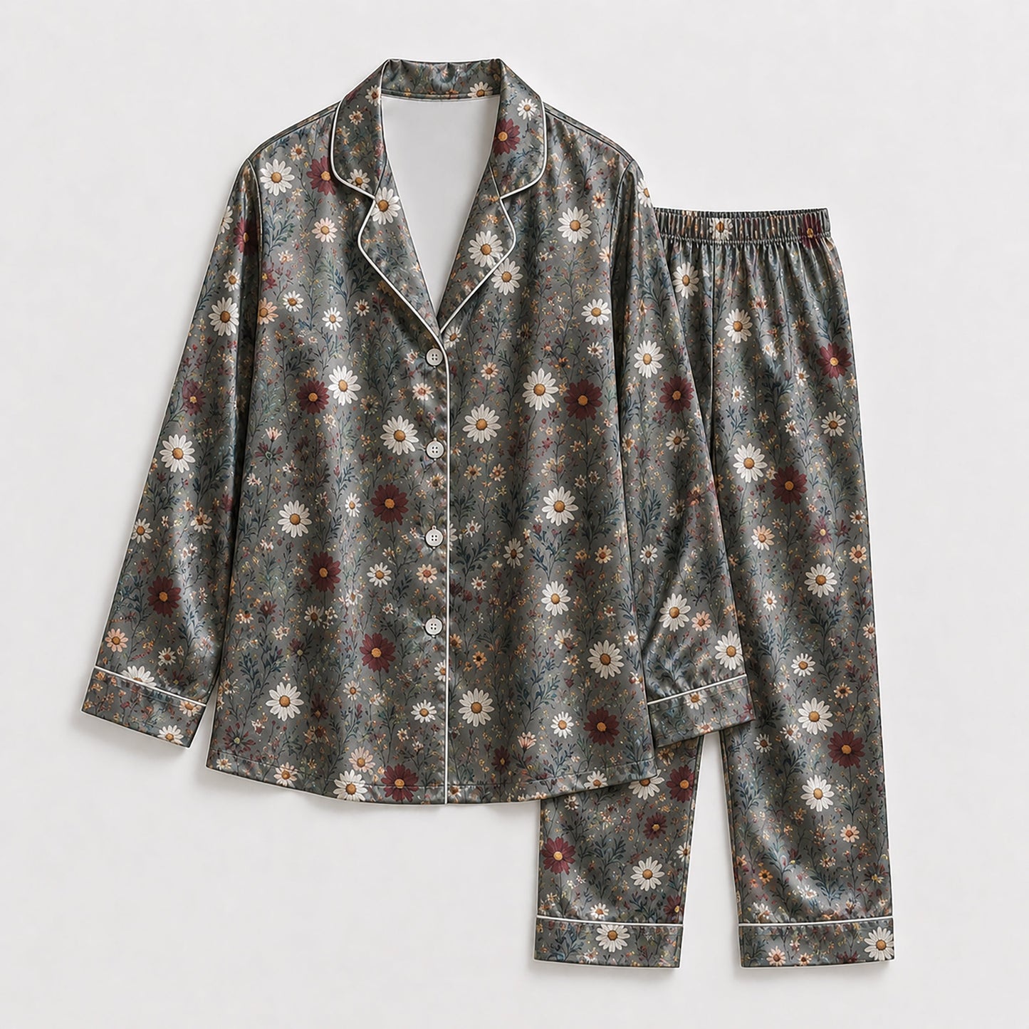 PJ-182-Gray Floral Satin Sleepwear Set With Daisy Print And Comfortable Matching Pajama Bottoms