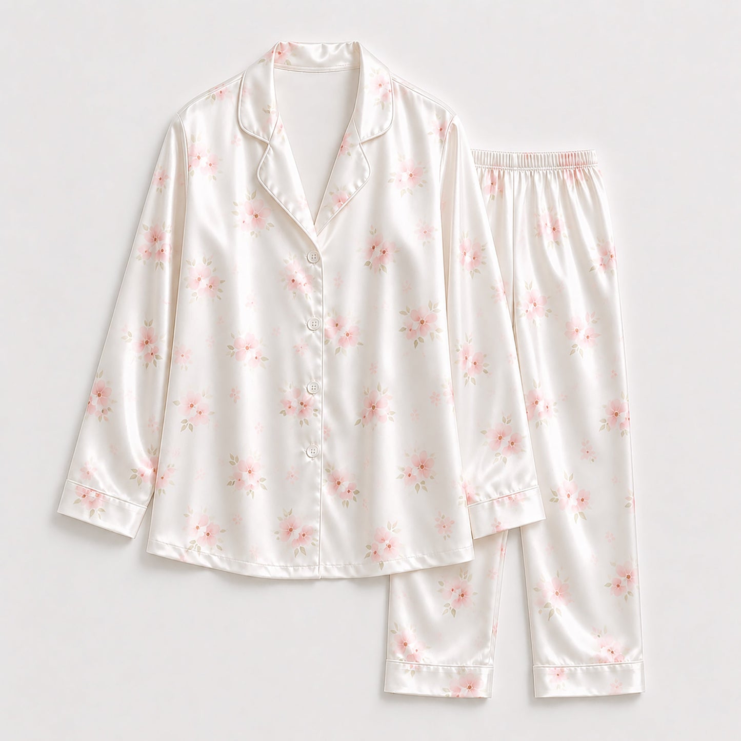 PJ-183-Satin Pearl White Soft Blossom Piping Button-Up Set