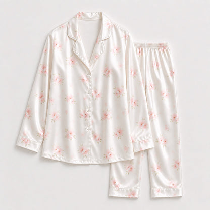 PJ-183-Satin Pearl White Soft Blossom Piping Button-Up Set