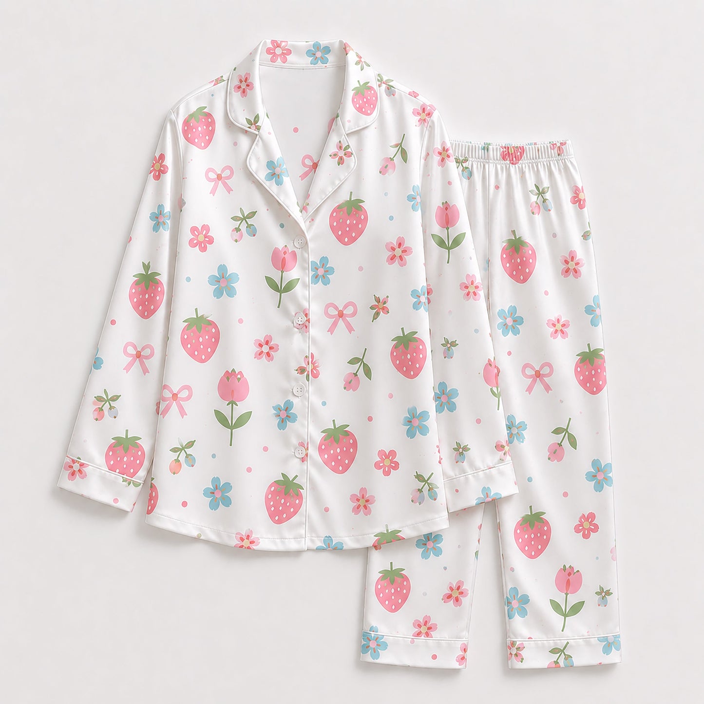 PJ-184-Strawberry Pure Mulberry Silk Pajama Set, White Fruit Flower Print Botanical Loungewear Sleepwear Collection