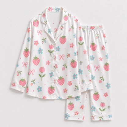 PJ-184-Strawberry Pure Mulberry Silk Pajama Set, White Fruit Flower Print Botanical Loungewear Sleepwear Collection