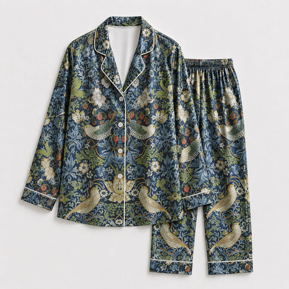 PJ-185-Satin Midnight Navy Heritage Tapestry Piping Button-Up Set